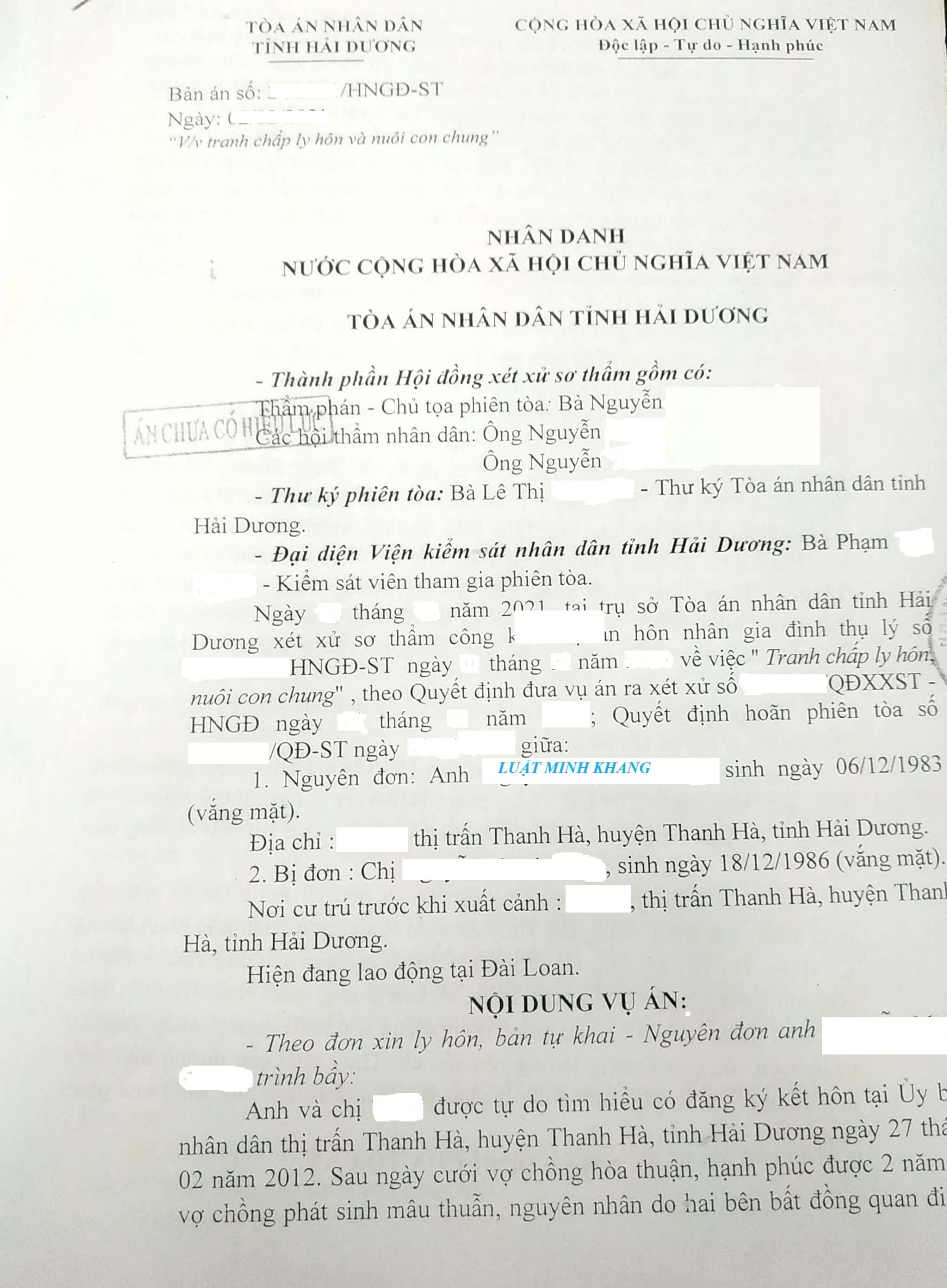 Bản án ly hôn có yếu tố nước ngoài