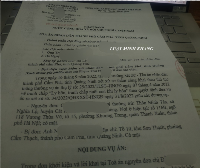 BẢN ÁN LY HÔN ĐƠN PHƯƠNG MÀ LUẬT MINH KHANG HỖ TRỢ KHÁCH HÀNG TẠI CẨM PHẢ