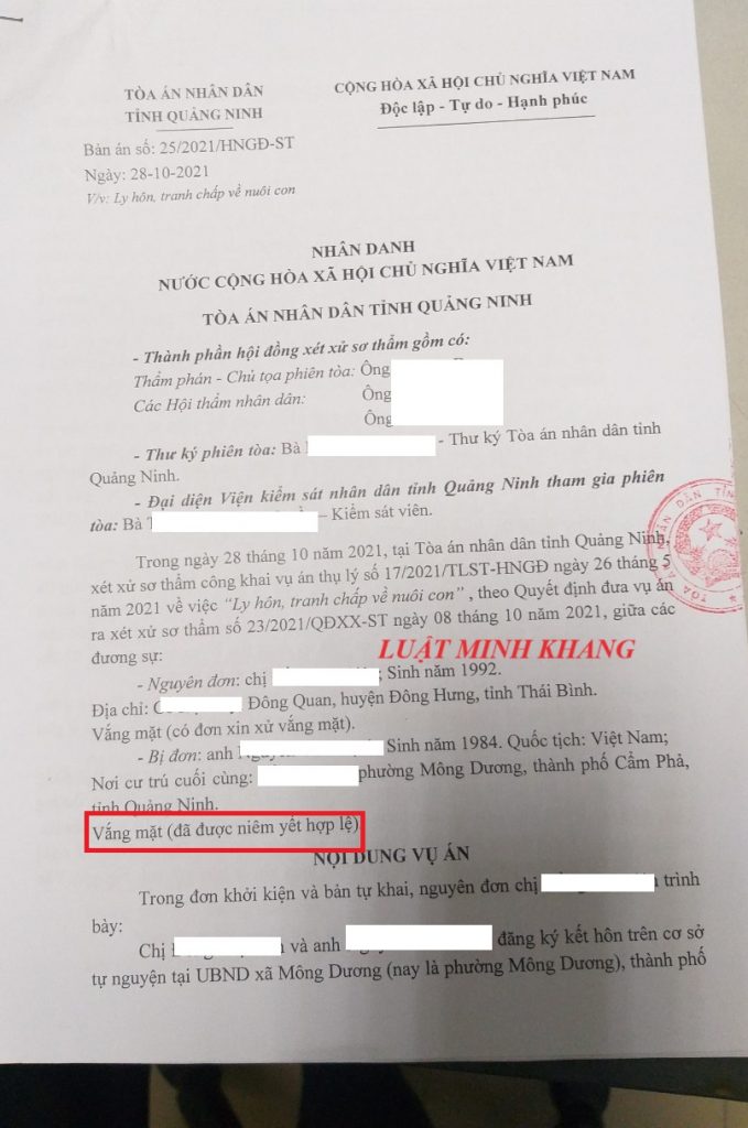 Ly hôn 1 bên giấu địa chỉ tại Quảng Ninh