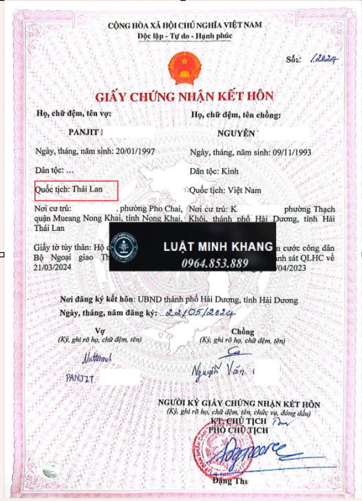 Giấy kết hôn người Thái Lan với người Việt Nam