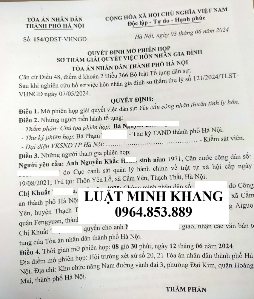 Thông báo mở phiên họp giải quyết việc ly hôn yếu tố nước ngoài