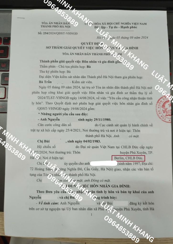 Ly hôn với người đang ở Đức tại TAND TP.Hà Nội
