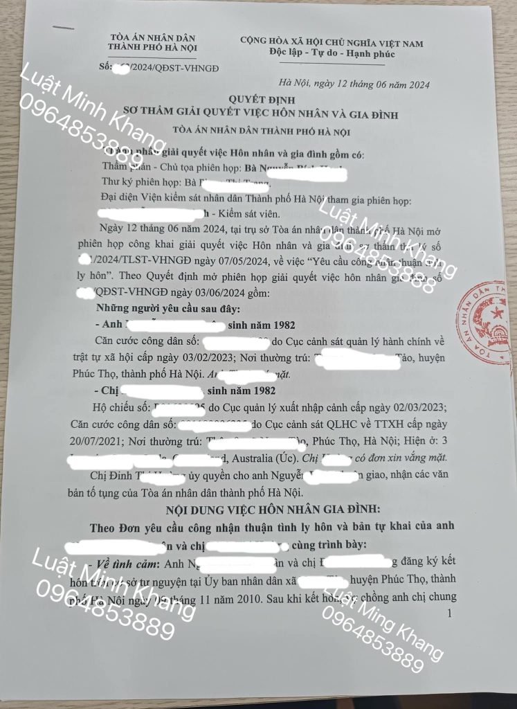 Ly hôn với người đang ở Úc tại TAND TP.Hà Nội