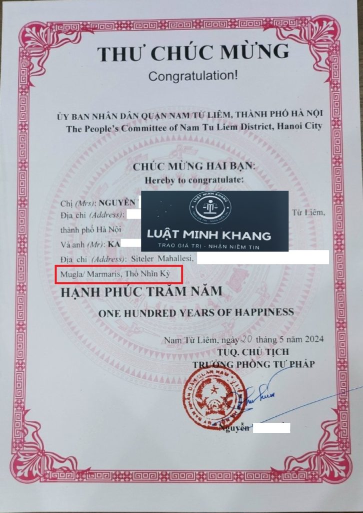 Thư chúc mừng kết hôn giữa người Việt Nam và người Thổ Nhĩ Kỳ