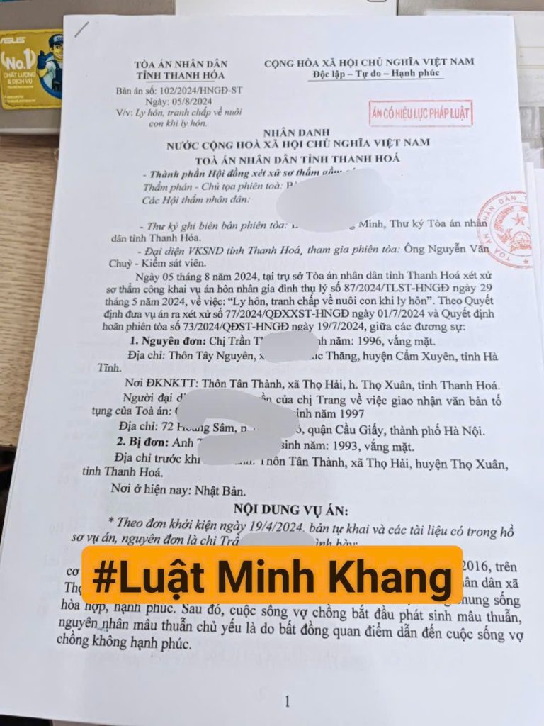Ly hôn với một bên đang ở Đài Loan tại Thanh Hóa