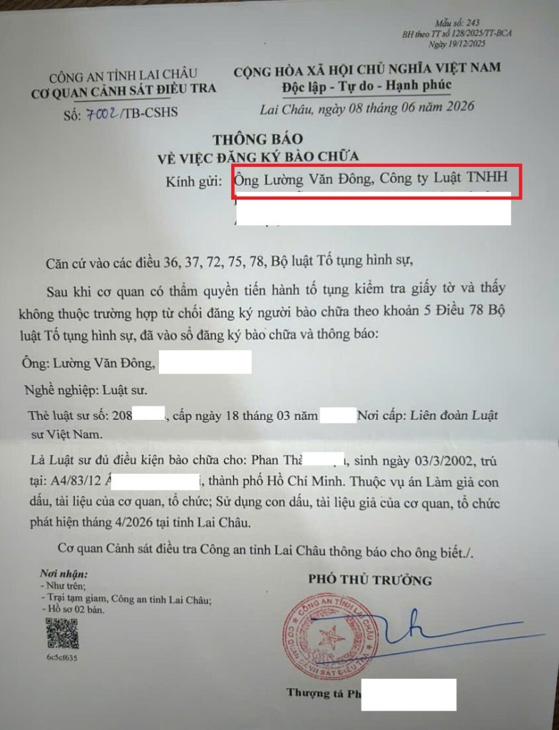 Luật sư Đông tham gia bào chữa cho bị can